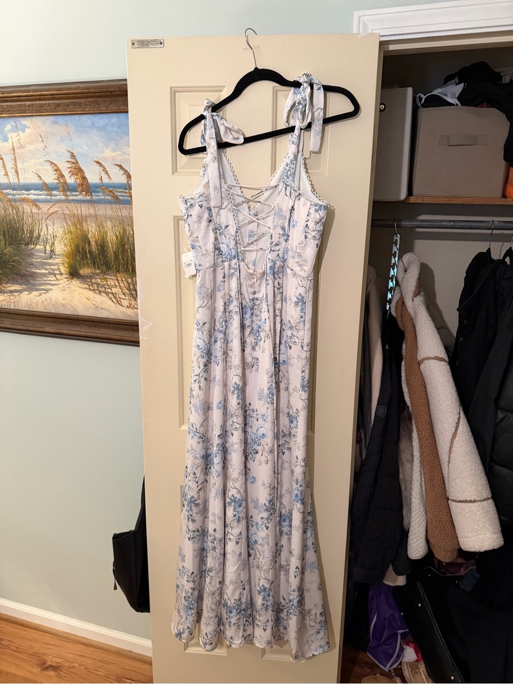 Floral Tie-Shoulder Maxi Dress in Light Blue and White